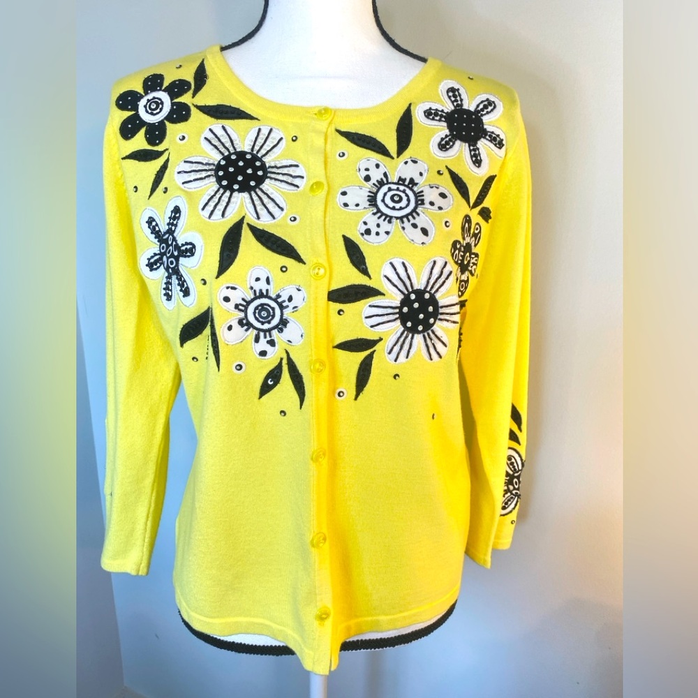 Design Options PHILIP JANE GORDON Daisy Floral Yellow Black Cardigan Sweater MED